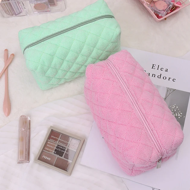 Quilted Terry Cloth Fabric Makeup Bag Towel Puffy Fluffy Fuzzy