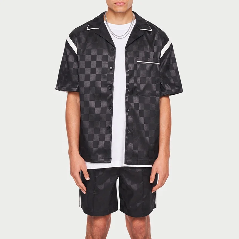 Oem Summer Hawaiian Beach Shirt Set Men 2023 New Fashion Tonal Checkerboard Resort Shirt