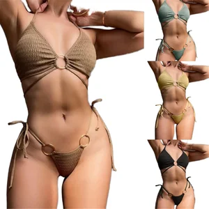 Custom Logo Wholesale Women Breathable Various Wear Way Bikini Set Two Piece Swimsuit Fashion Metal Ring Bathing Suit Swimwear