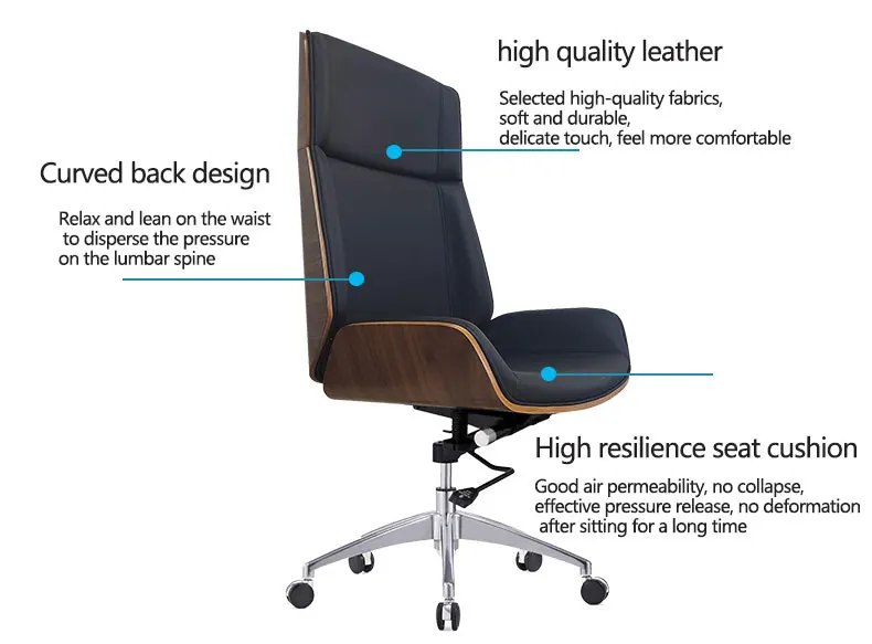 product high back bent plywood wooden boss chair swivel luxury leather adjustable computer boss office chair-101