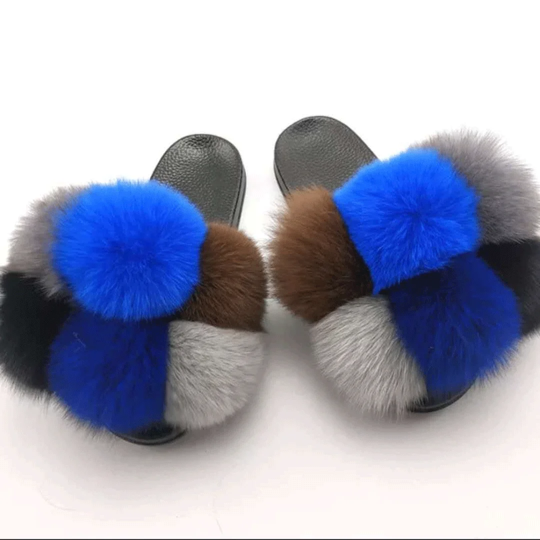 leapord fluffy daily wearing fur slippers mommy and me fur slides pom pom fur slides