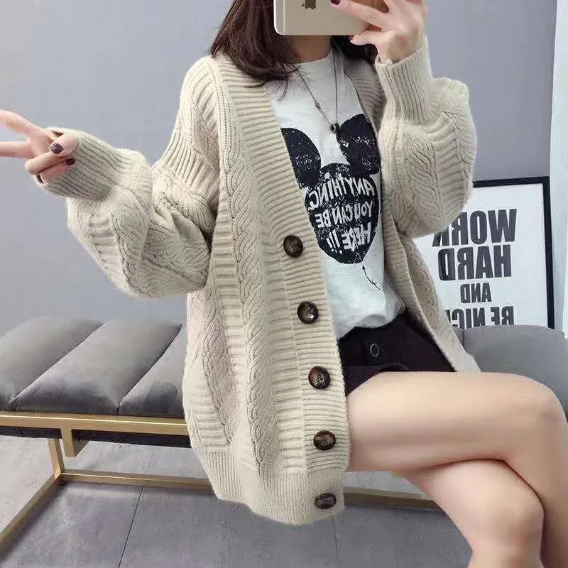 Wholesale Women's Cable Knitted Cardigan Sweater Coat Floral V-Neck Long  Sleeve Oversized Jacket Western Style Big Button Winter