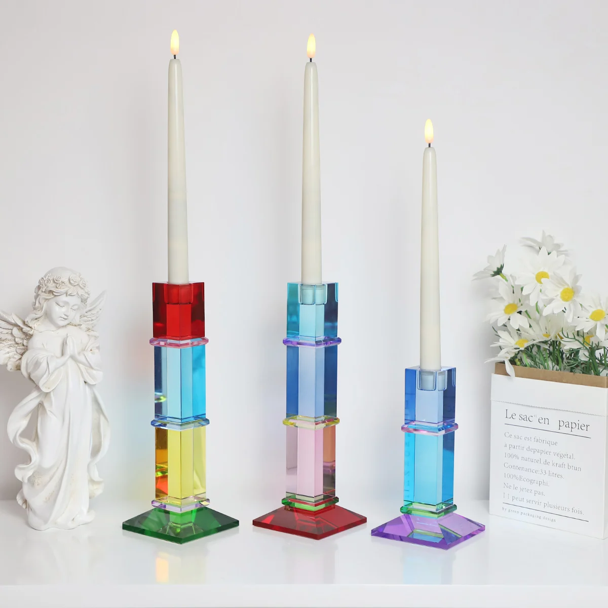 Custom Colorful Crystal Candlestick Holders Pillar Candle Glass Holders Clear Glass Tea Light Holder