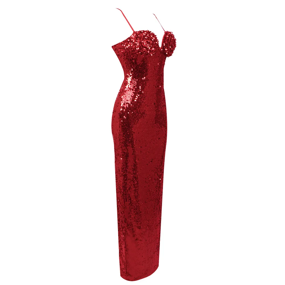 A8312 Wholesale Price Spaghetti Strap Ladies Maxi Dress Sequined Red