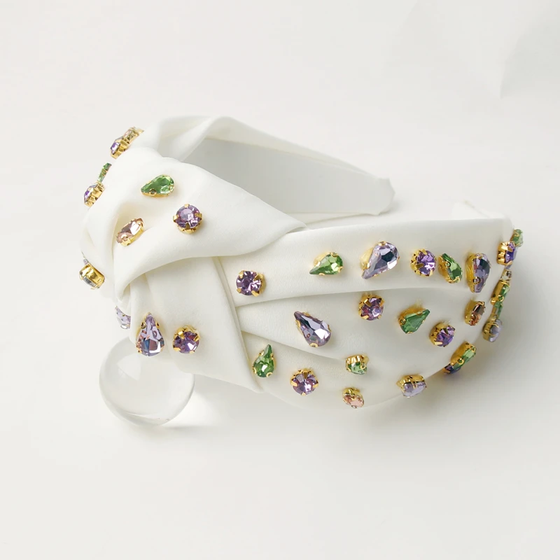 White Spring Rhinestone Custom Headband Crystal Knotted Hair Hoop Bands Solid Hairband Hair Accessories for Women New Headdress