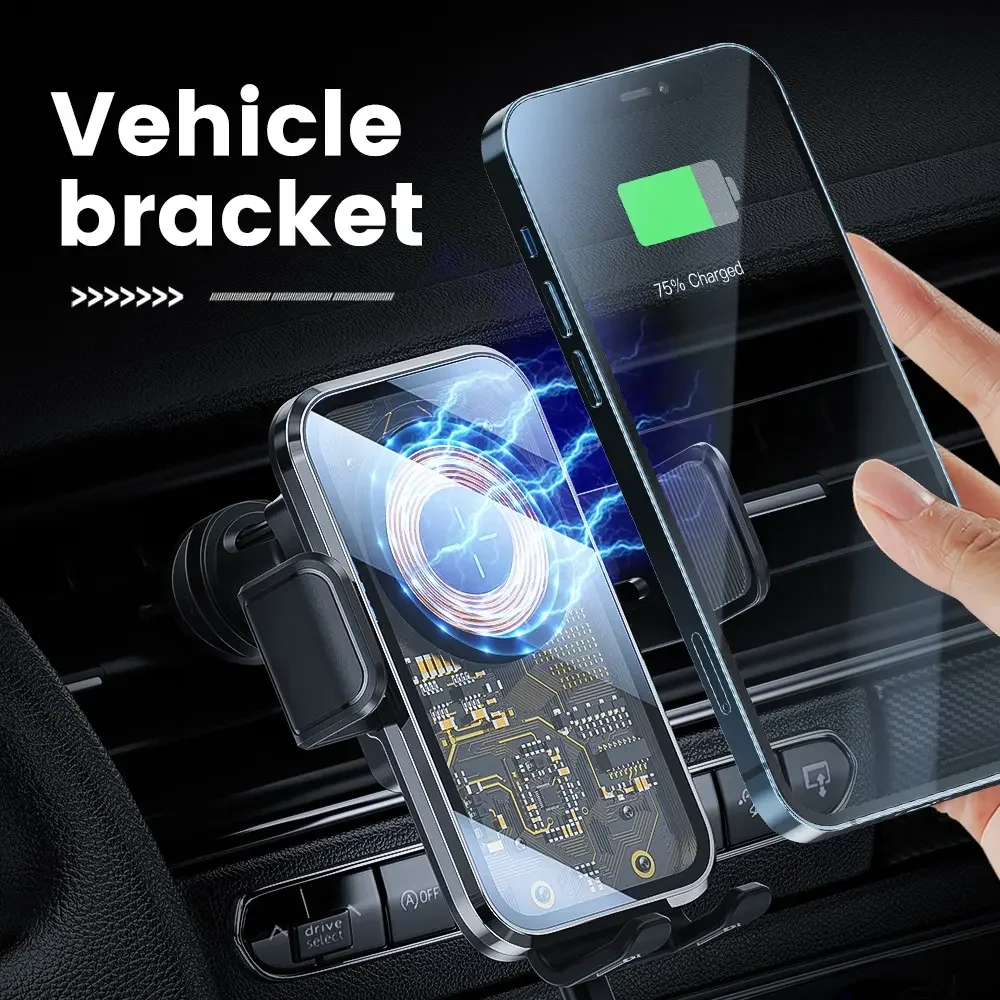 Cyber Punk Smart Touch Sensor Automatic Clamp 15W Fast Charger Transparent Car Air Vent Phone Mount Clip Holder Wireless Charger