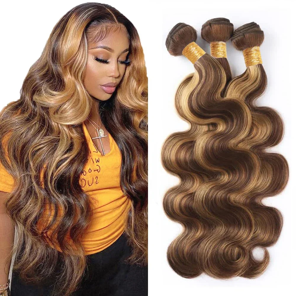 P4/27 Body Wave Bundles 100% Human Hair Brown Ombre Extensions Women_voghion.com