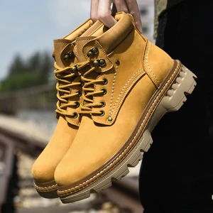 High Quality Men's Martin Boots High Top Cow Leather Upper Waterproof Anti Slip Outdoor Ankle Boots Plush Lining Winter Shoes