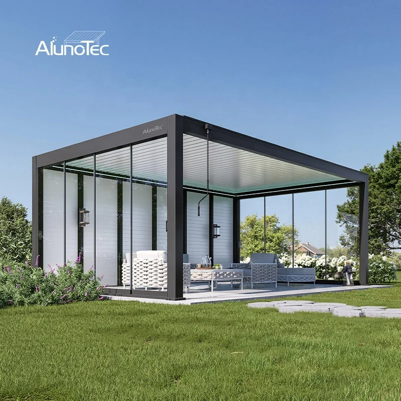 AlunoTec Waterproof Remote Control Bioclimatica System 3x3 3x4 4x3 4x6 Gazebo Motorized Automatic Roof Louvers Aluminium Pergola