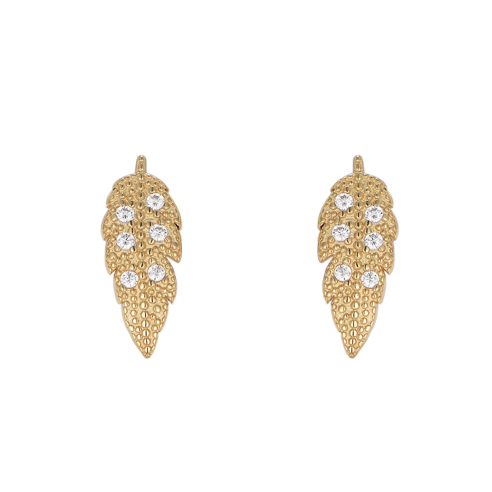 Mini Peishang Leaf-Shaped Gold Plated CZ Stud Earrings for Women