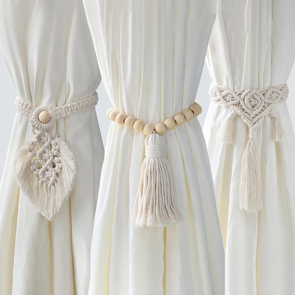 Boho Macrame Curtain Tiebacks Wood Bead Garland With Tassels Curtain Rope Farmhouse Decor Fringe Curtains Accessories for Room
