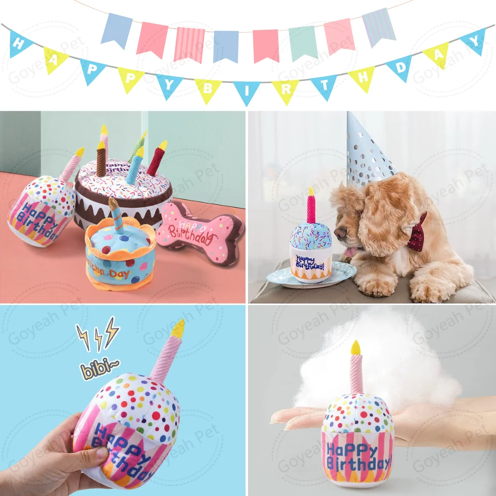 Happy Birthday Cake Shaped Squeaky Dog Toys Plush Birthday Present Dog