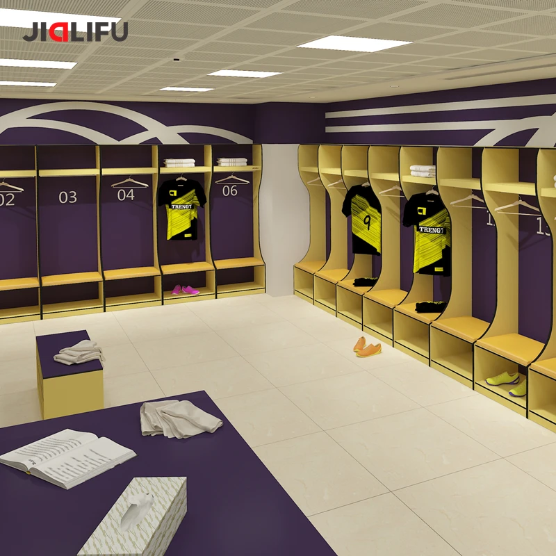 JIALIFU Customized Soccer Athlete Gym Locker HPL Wood Football Locker Room Includes Bench for Storage