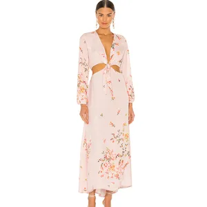 Women Summer Backless Tie V-Neck Long Sleeve Maxi Dress Cut Out Sexy Chiffon Floral Casual Dresses