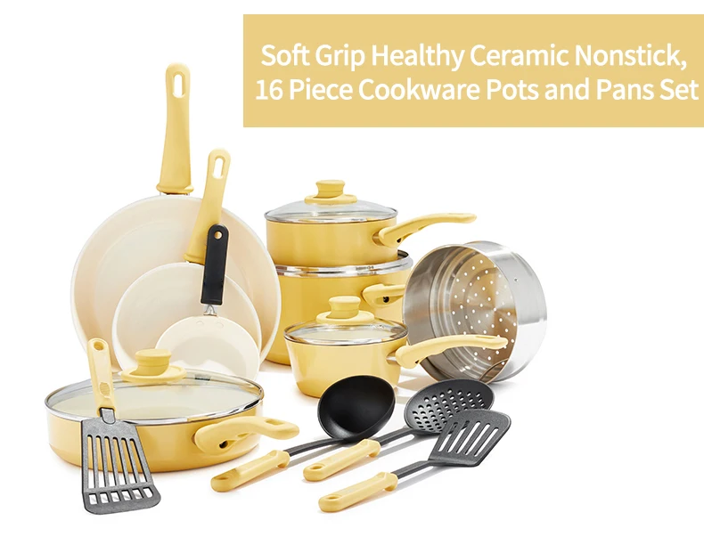 Big Discount Ceramic Non Stick Cookware Set Yellow Set Of Pots And Pans