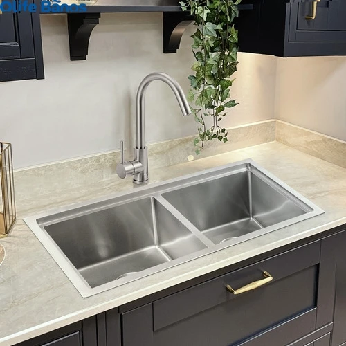 Whole Sale  CE Sus304 Stainless Steel   Rose Gold Under Mounted  Handmade Double Bowl Kitchen Sink With Accessories details