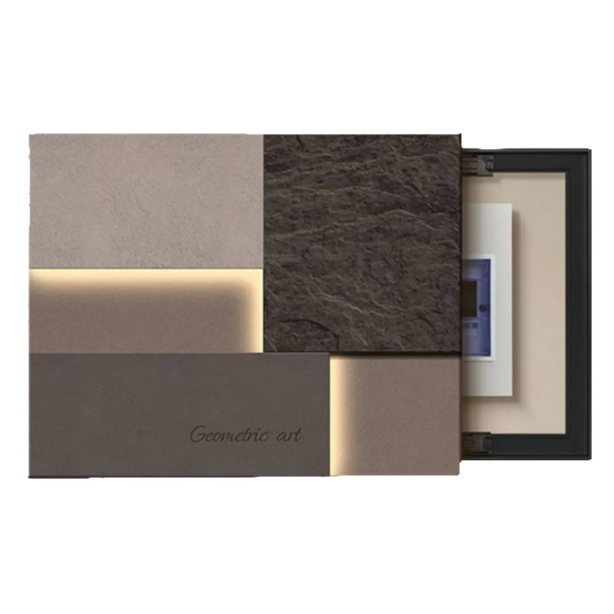 Neutral Geometric Electrical Box Cover Wall Art Canvas Print Textured Panels With LED Lights Minimalist Modern Home Living Room
