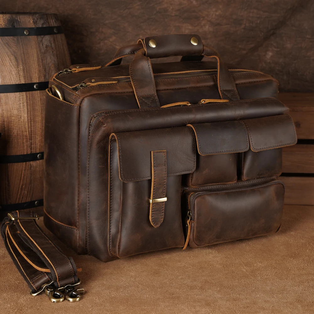 Tiding Custom logo Brown Portable Large Cow Leather Laptop Messenger Briefcase Bag for Men