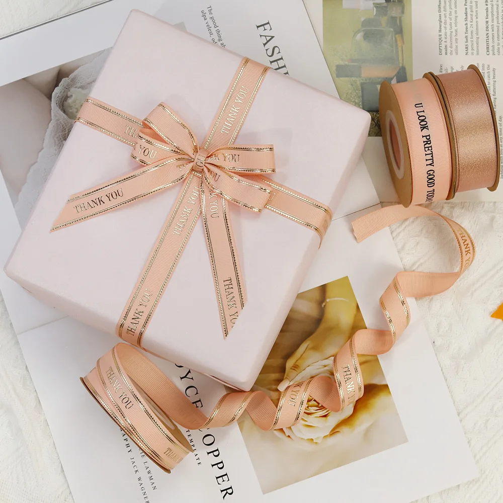 Customized Packing Ribbon Custom Printed Satin Ribbon Logo Rose Gold Foiled Logo Gift Wrapping Satin Ribbon for Packing