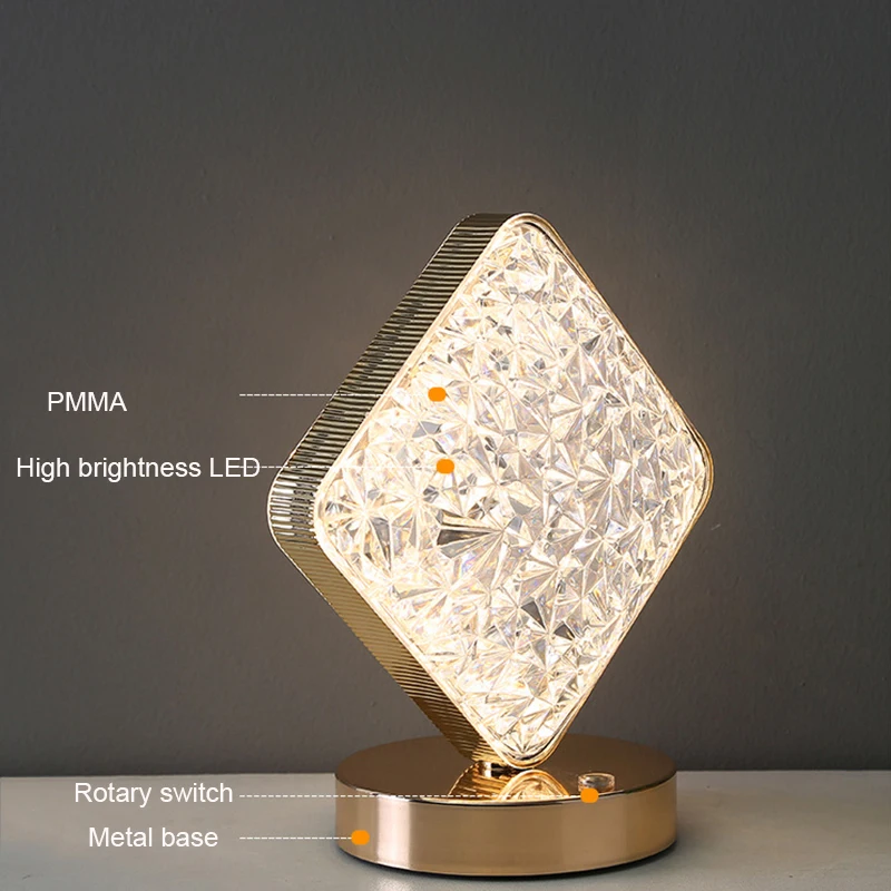 Nordic Square Creative Acrylic Crystal Table Lamp Touch Color Changing Bedside LED Night Lights