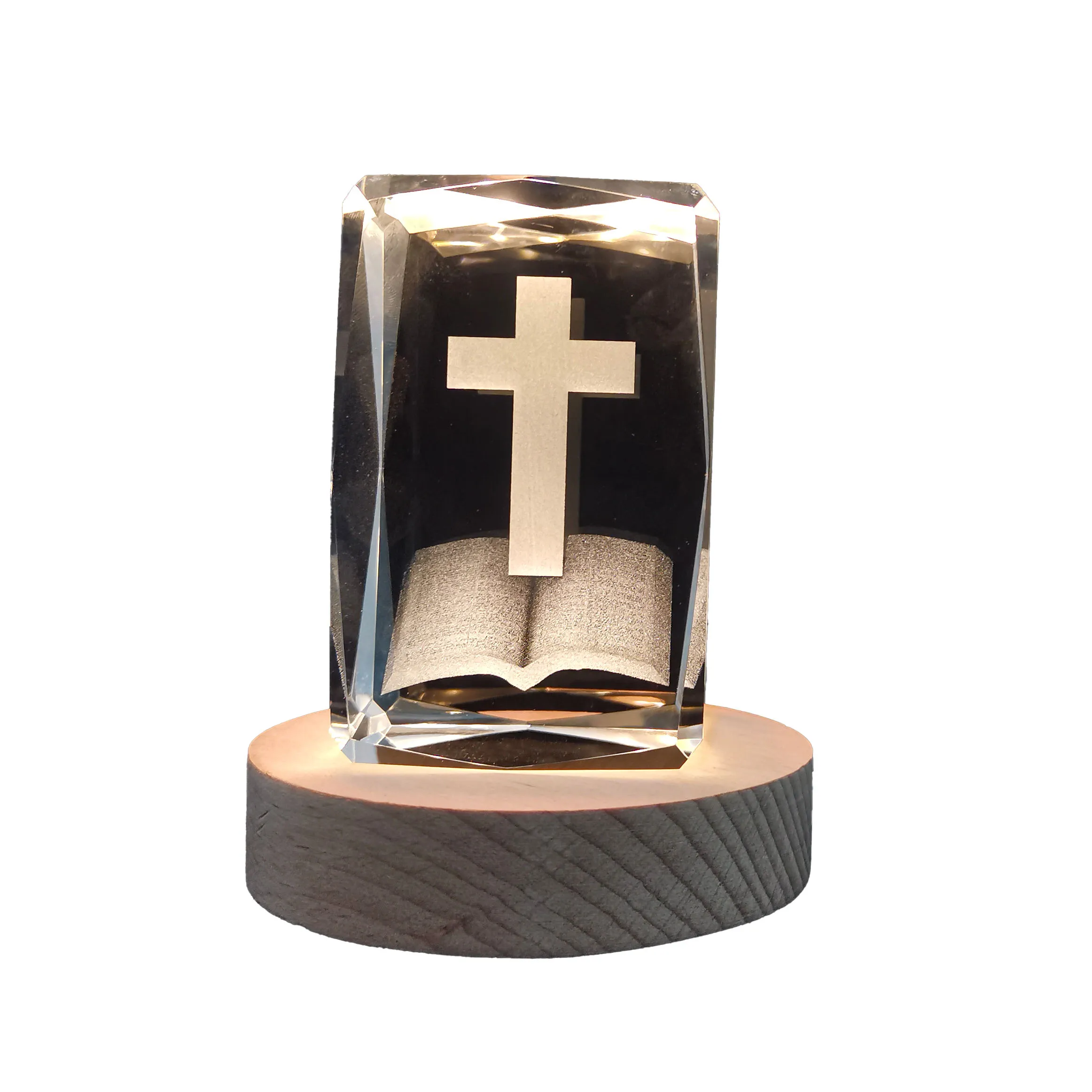 Cubo de cristal grabado con láser 3D con base de luz LED para regalos de cruz de Jesús