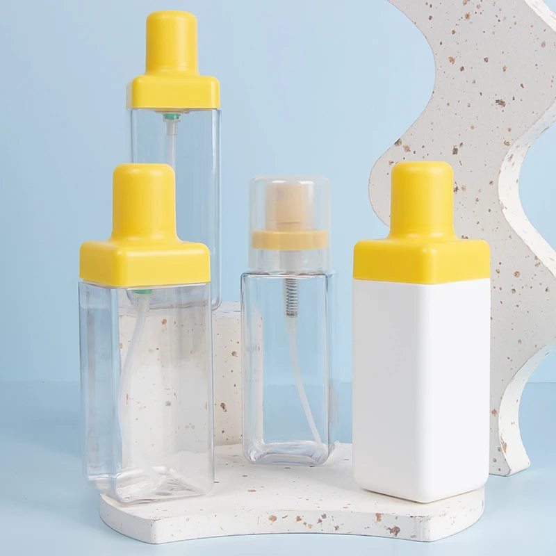 HDPE Custom Skin Care Kit Packaging Recycled Rectangle Flat Plastic 300ml Shampoo Bottles Cosmetics Bottles and Jars Set