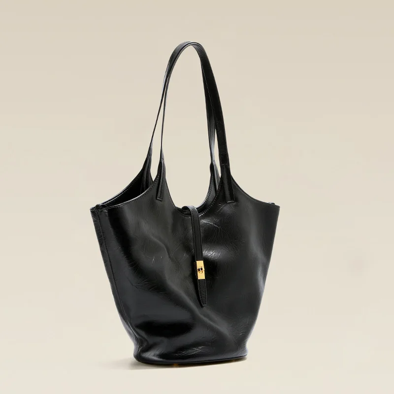 Soft Leather Genuine Leather Womens Tote Bag Large Capacity High-End Black Commute Shoulder Bucket Bag Drawstring Closure