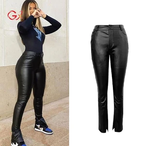 GX68280 Fashion High Waist Black Faux Leather Pants Women Skinny Slit Hem Basic PU Leather Leggings