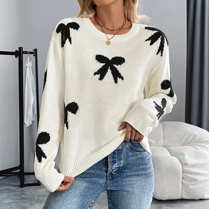 European American Autumn Winter Women's Sweater Hottest Sale Sweet Girly Korean Style Jacquard Neck Bow Front Knitted 100%