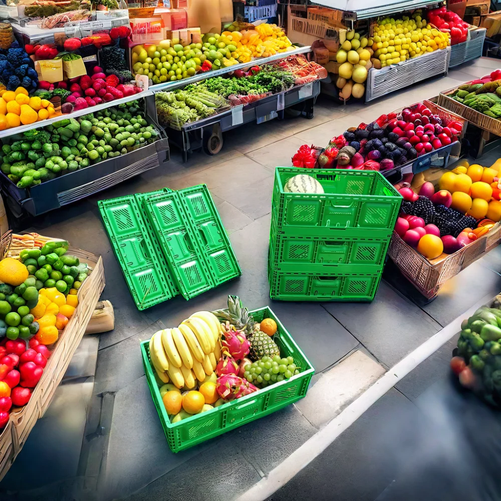 FIRST Vegetable Crates Plastic Heavy Duty Collapsible Plastic Fruit Crate Moving Box Containers Crate Stackable