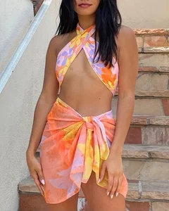 MLY Wholesale  Women's Swimwear Halter Neck 3 Piece Bikini New Printed Lace up Thong Swimsuit