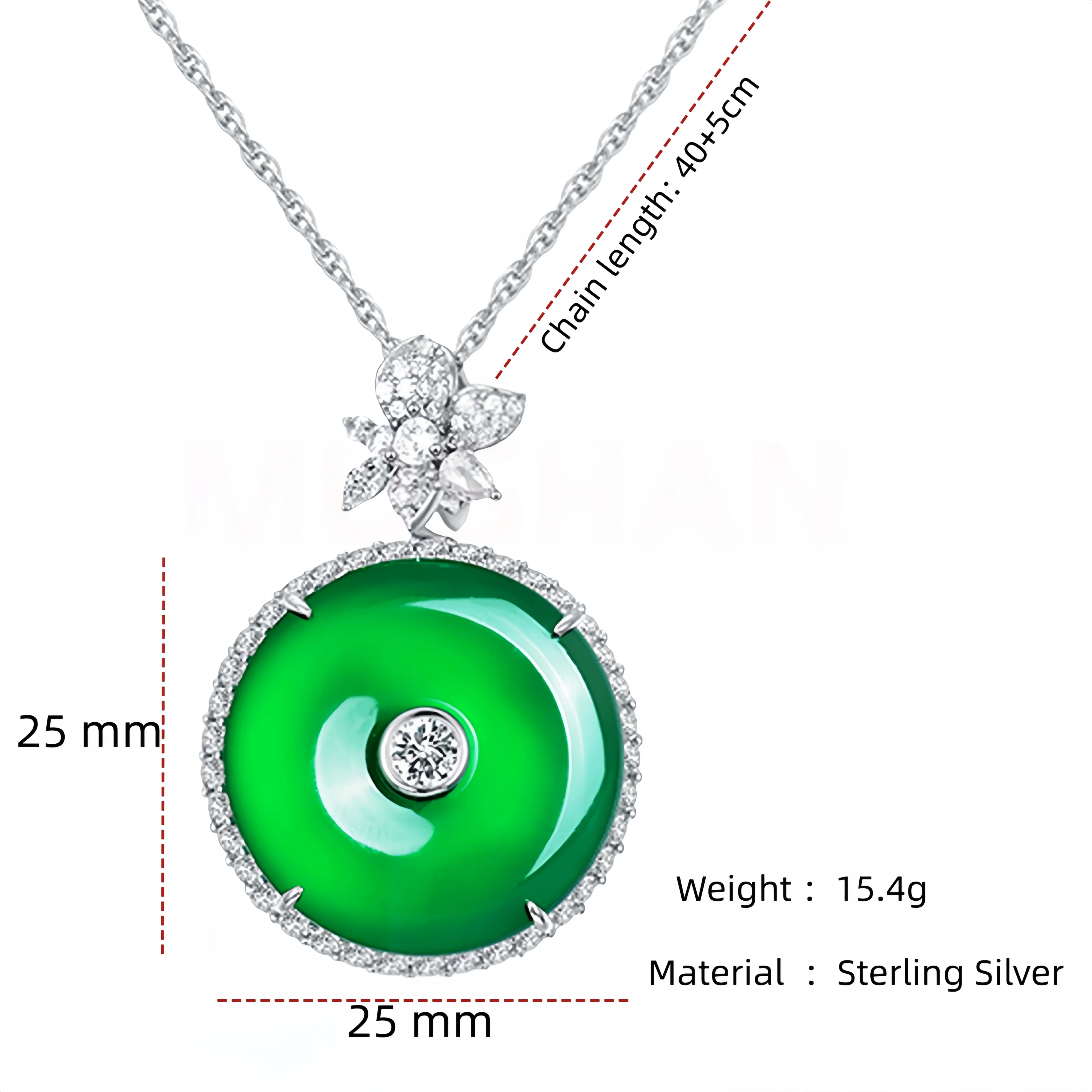 MUSHAN Jewelry Factory 925 Silver Chain Necklaces High Carbon Diamond Inlaid Emerald Green Natural Chalcedony Pendant Necklace