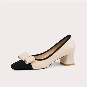 Fashion Coarse-textured Ankle Boots Square Heel Women Square Toe Pumps Elegant Flat Leather Dress Shoes with Bow for Daily Life