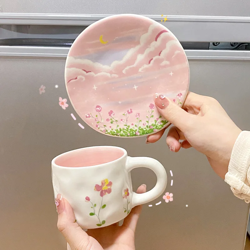 Lelyi Ins Style Home High-value pink Flower Sea Coffee Cups and Saucers  Creative Hand-painted Cute Ceramic Mugs