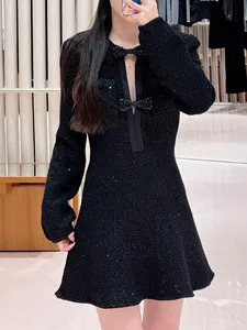 High-quality Autumn Winter Women's New Stock Arrival Classic Black Sequined Long-sleeved Round Neck A-line Knit Dress