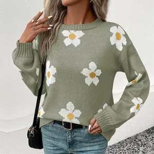 European American Floral Pullover for Women New Korean Style Winter Sweater with Back Logo Knitted Weaving Method