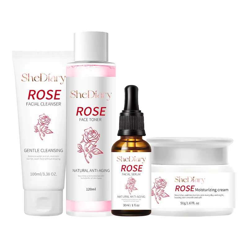 Etiqueta privada belleza antienvejecimiento blanqueamiento limpiador rosa agua de rosas vitamina c suero facial crema cuidado de la piel Set