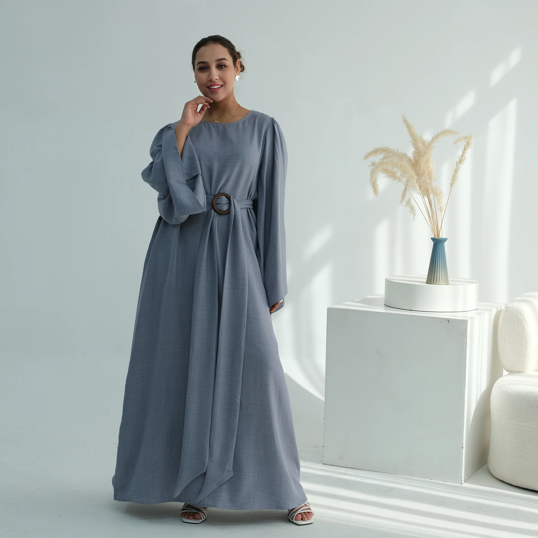 modest dresses islamic Muslim Woman's Empire Waist Shimmery Tulle Dress - 36229 108cm/42.52 Sleeve B2B Modest Dresses Islamic Clothing