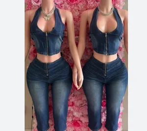 Viviblook Z425ST05 Street Wear Y2K Stretch Jean Summer Women Halter Denim Vest Top Calf Length Pant Sets Two Piece Shorts Sets