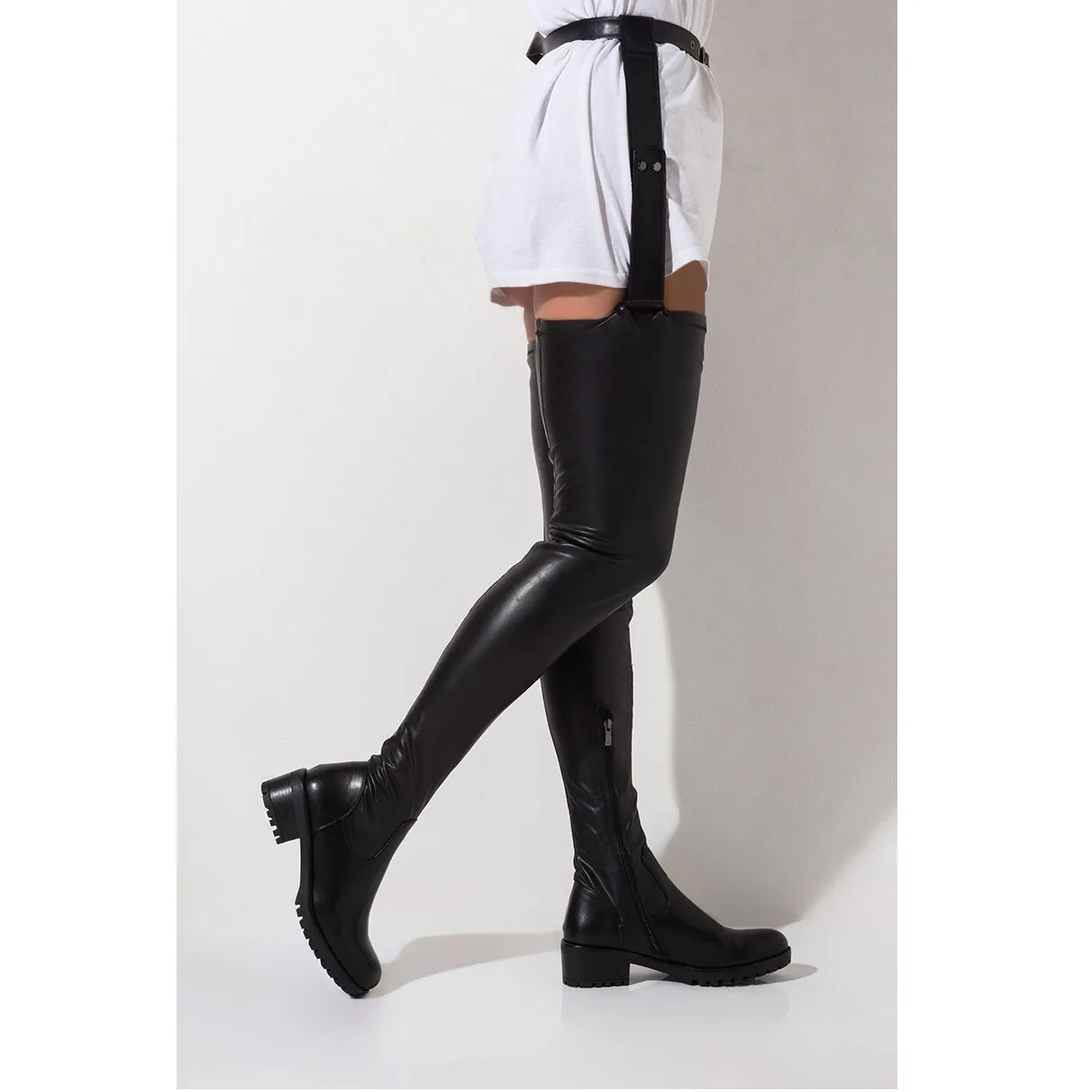 thigh high black boots with belt