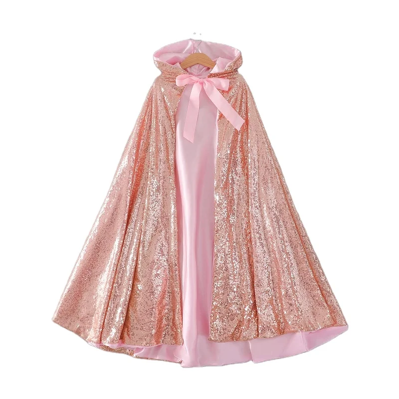 Capa larga con capucha de lentejuelas para niños, disfraz de princesa para niñas, Navidad, Halloween, fiesta, cosplay (5-10 años, champán Capa larga con capucha de lentejuelas para niños, disfraz de princesa para niñas, Navidad, Halloween, fiesta, cosplay (5-10 años, champán