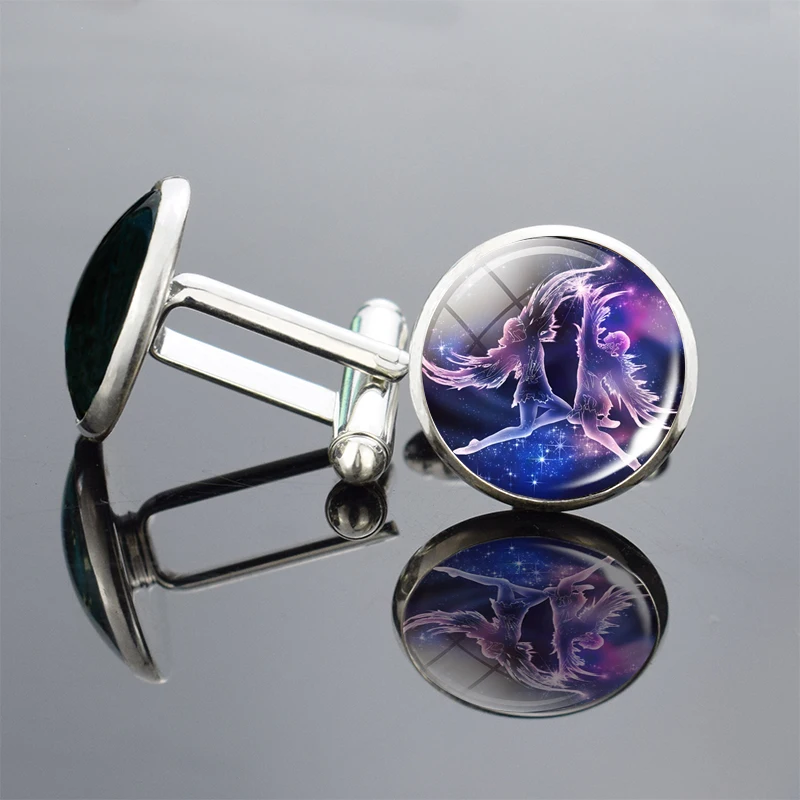 Новые высококачественные запонки с 12 созвездиями, запонки с 12 знаками Зодиака, запонки со стеклянным кабошоном из сплава для мужчин, подарки на день рождения