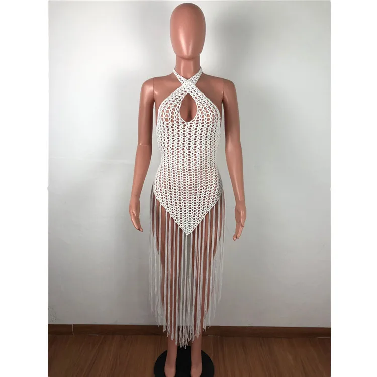 Long Tassels Knitted Cover Ups Dresses Halter String Back Crocheted Beach Clothing Ankle Length Solid Pattern Outdoor Wear