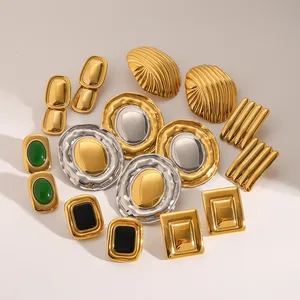 Vintage 18K Gold Plated Large Drop Earrings Stainless Steel Hammered Trendy INS Style Agate Stone Unisex