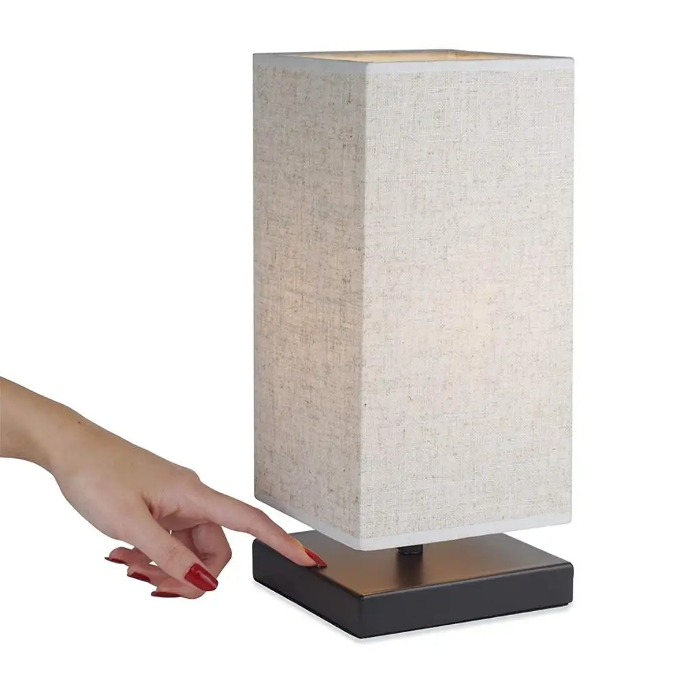 Mini Touch Lamp 4 Stage Control Table Nightstand End Bedside Lamps White Fabric Shades  Modern Chrome Small Table Desk R