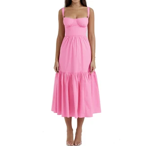 Wholesale 2026 New Trendy Square Neck Sleeveless Summer Sweet Shirred Bottom Women Elegant Casual Midi Dresses