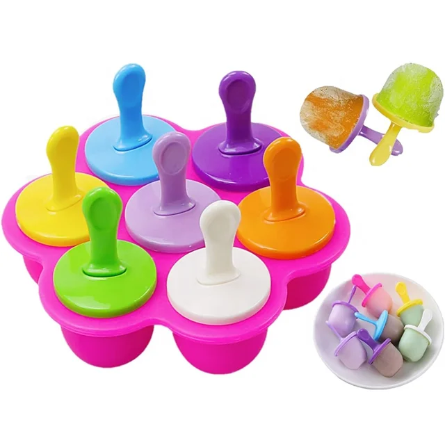 Silicone Popsicle Molds, Mini 7-Cavity DIY Ice Pop Mold With Colorful Sticks ,Container Reusable Non-Stick Food Grade