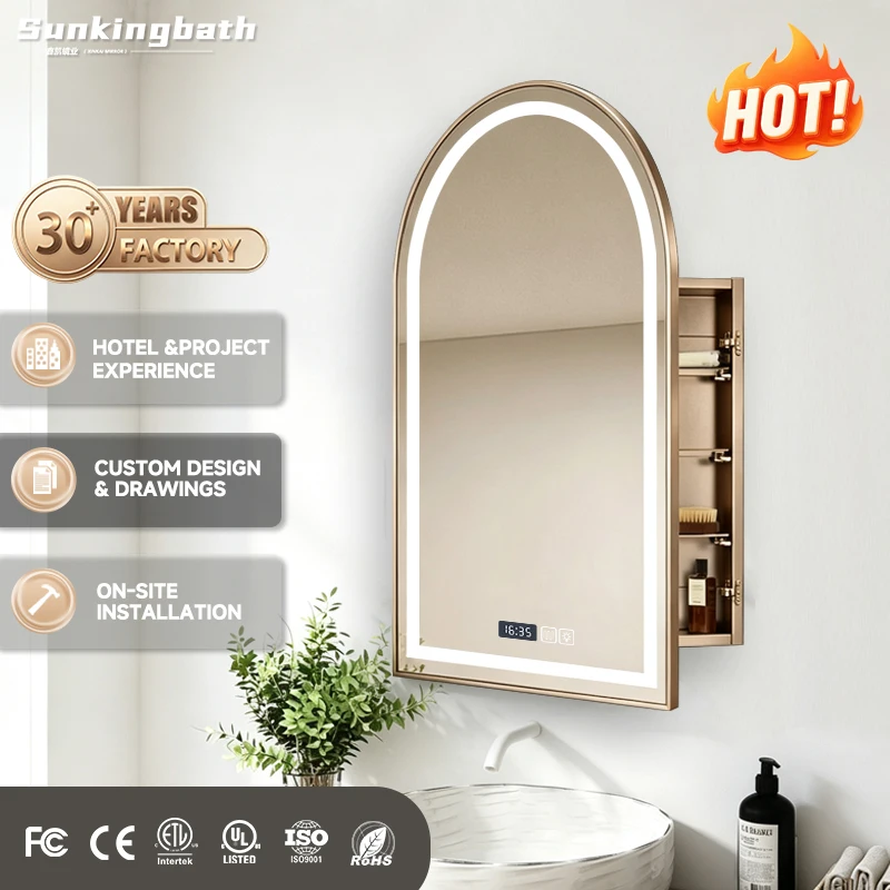 Modern Bathroom Vanities Arch Stainless Steel LED Mirror Cabinet Anti-Fog Smart Touch Arched Medicine Cabinet with Mirror