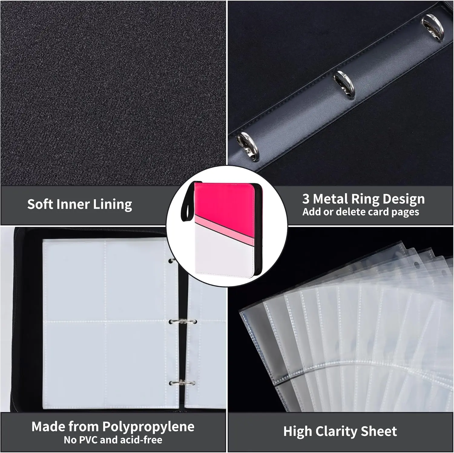 Trading Card Binder 4 Pocket with 50 Removable Sleeves, 400 Pockets Card  Collection Binder for TCG Cards Collector, Pink & White