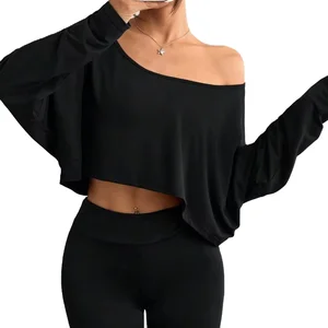 Women's Y2K Style Breathable Eco-Friendly Summer Solid Long-Sleeved Crop Top Loose Fit Cotton Knitted Fabric